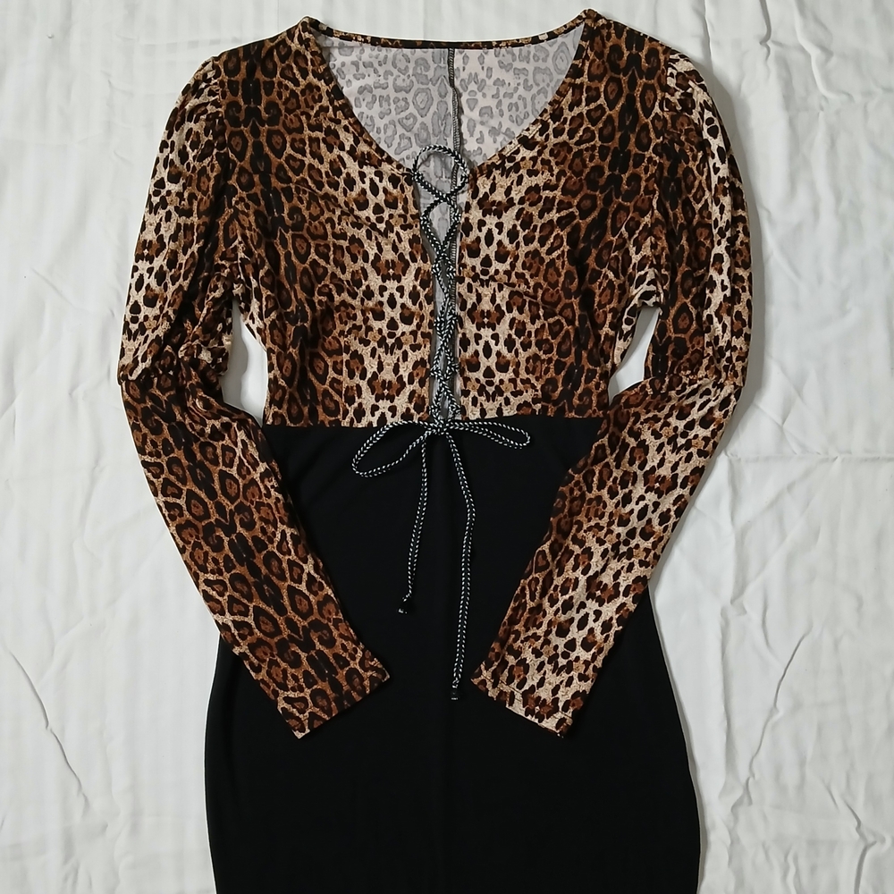 Sexy Leopard Print Bodycon Lace Up Black Dress